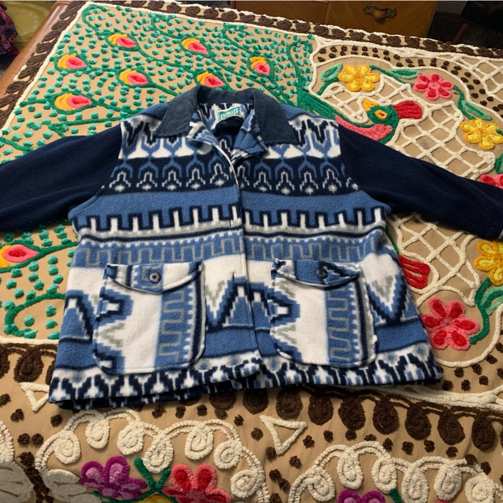 VTG 90’s Aztec Fleece jacket “Climate Zone” corduroy collar and sleeve cuffs MED